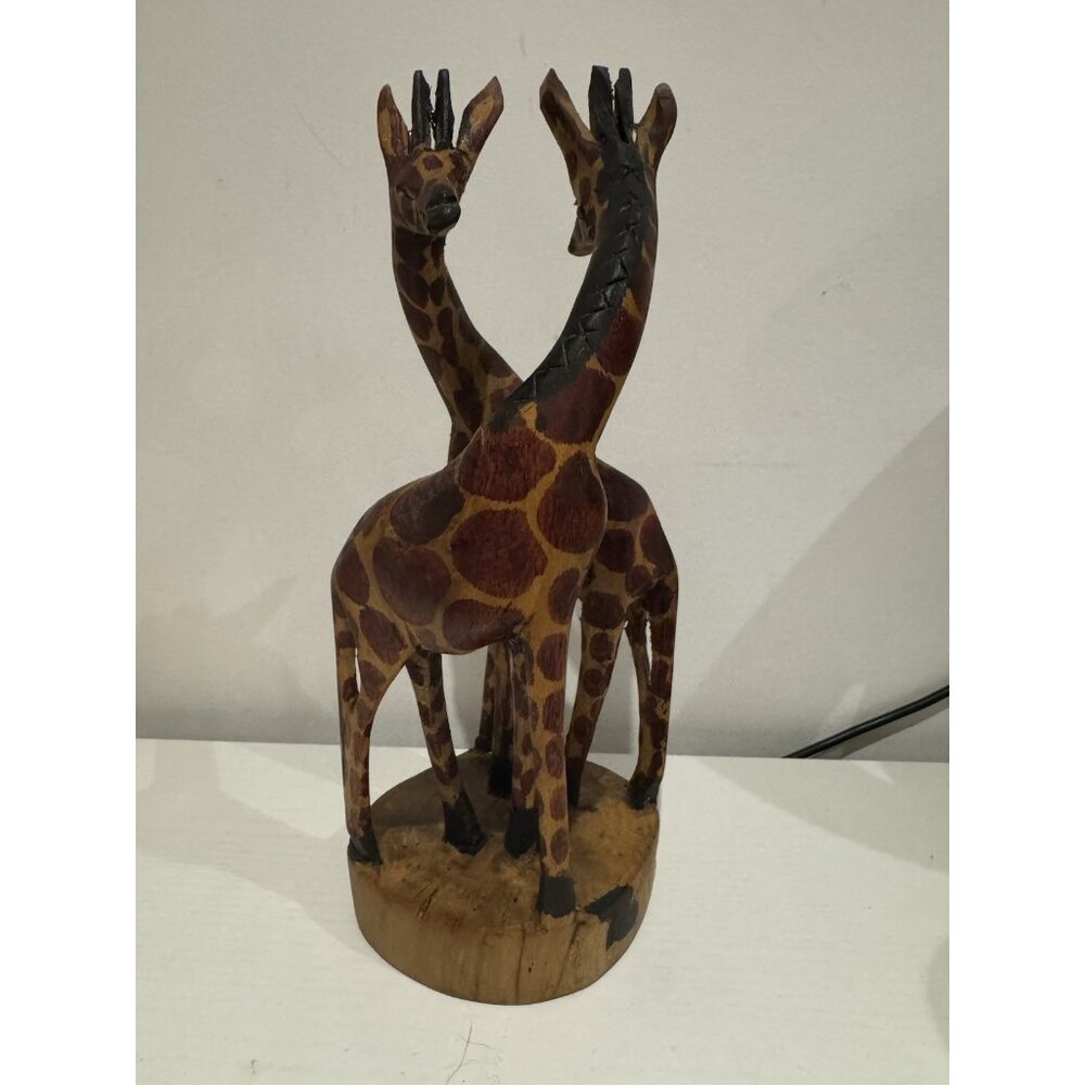 Pair Of Wood Carved Giraffes Sculpture Wooden Figurine Animal Decor 8x3in